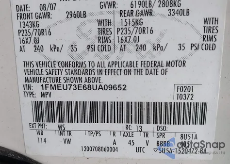 2008 Ford Explorer Xlt from USA, damaged, VIN 1FMEU73E68UA09652